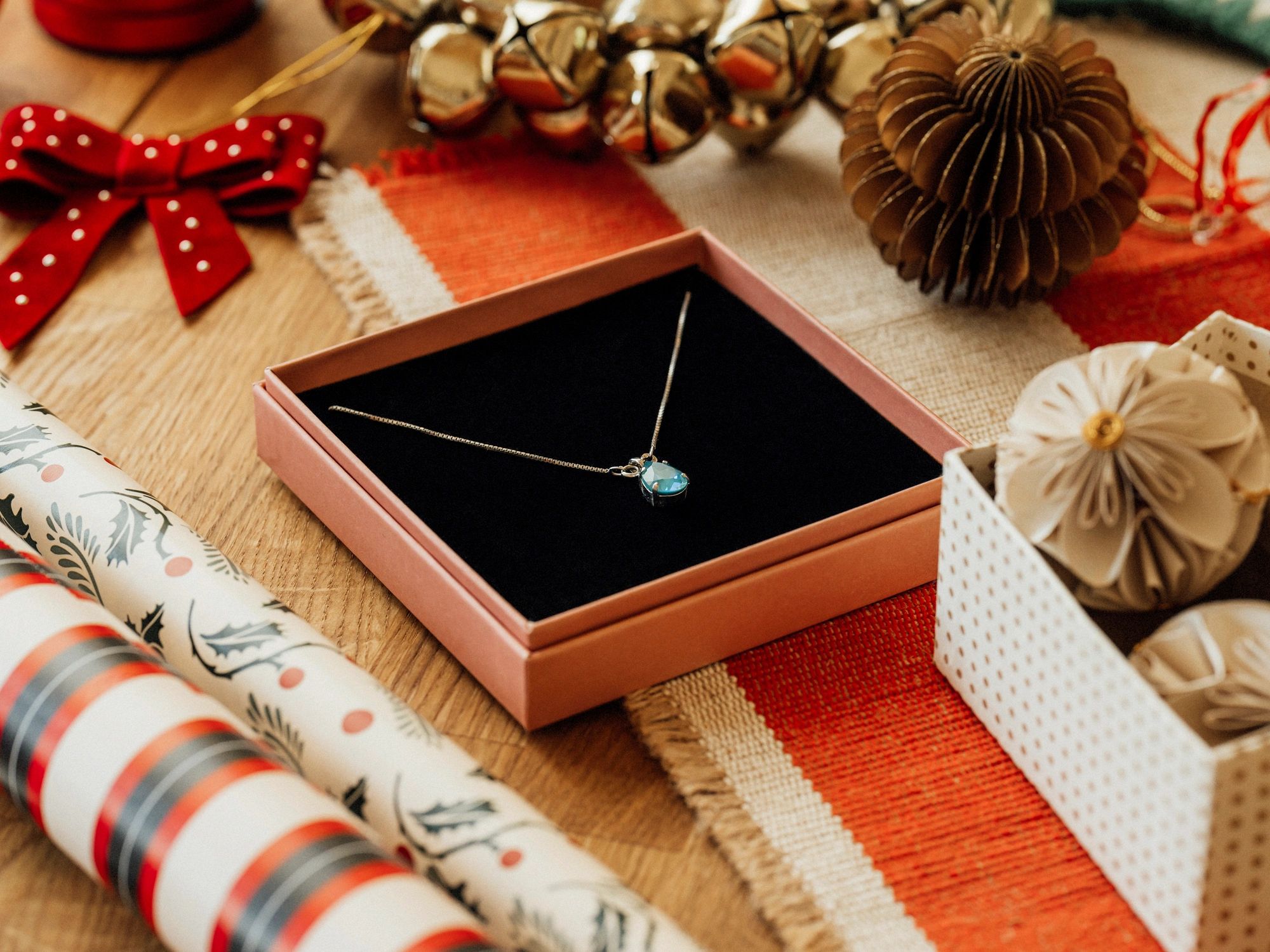 Gift-style flat lay with jewellery and packaging.